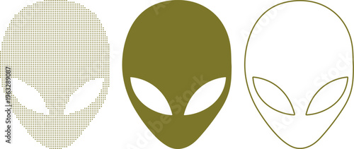 Three alien head icons in different styles and colors on a white background Keywords: alien, extraterrestrial, UFO