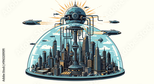 A retrofuturistic city with numerous tall buildings is encased within a transparent dome, powered by a large spherical generator radiating energy, with several flying vehicles navigating around it.