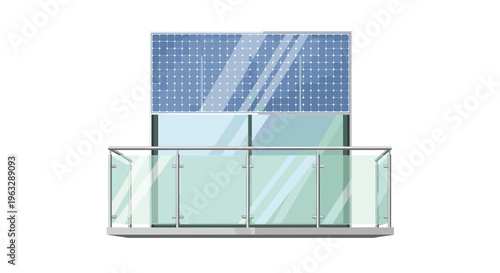 A modern building facade features a large semi-transparent solar panel array with 36 cells positioned above a balcony, which is equipped with clear glass railings and silver support posts.
