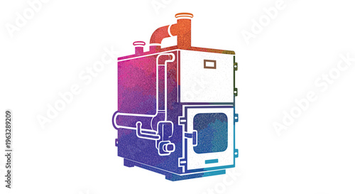 A stylized, gradient-colored biomass boiler with pipes and a front-loading door stands prominently against a clean white background.