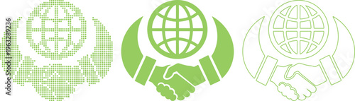 Three Global Handshake Icons In Different Styles And Colors globe world