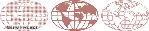 Three globe icons in different styles and colors on a white background Keywords: globe, world, earth, map, planet