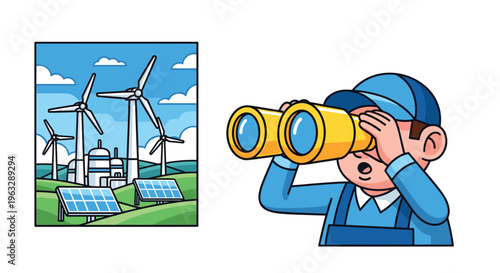 A cartoon character wearing a blue uniform observes an energy plant with three wind turbines and two solar panel arrays through binoculars.