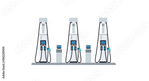 Three identical tall electric vehicle charging stations, each with two blue nozzles and black cables, are symmetrically arranged with two smaller auxiliary units on a grey base.