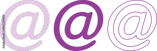 Three Purple At Symbols In Different Styles On White Background Keywords: at symbol, email icon, internet symbol