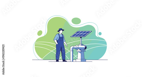 A farmer in blue overalls and a hat inspects a solar-powered water pump with a black panel against a stylized green and blue abstract landscape.