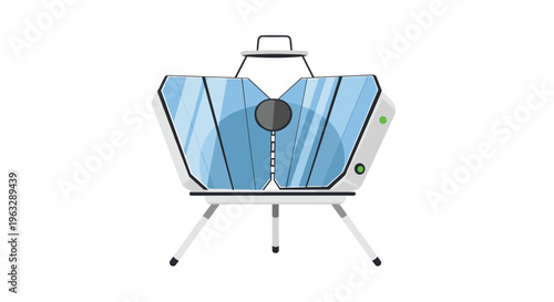A modern, white and blue solar cooker with two reflective panels and a central dark component stands on three legs against a plain white backdrop.
