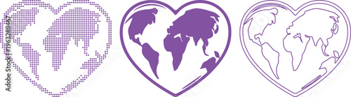 Three Purple Heart World Map Icons Showing Different Styles and Detail Levels Keywords: heart world map, globe heart