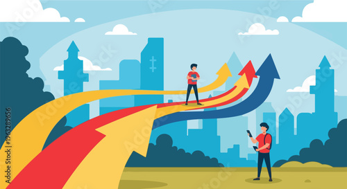 Two individuals standing on colorful upwardcurving arrows symbolizing growth and progress.