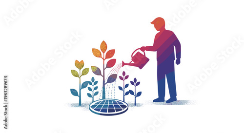 A textured gradient illustration shows a silhouetted person in a cap watering five stylized plants growing from a circular solar panel.