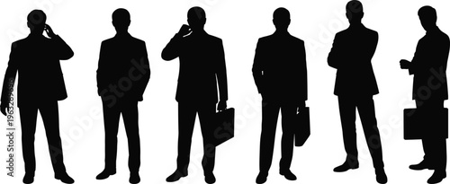Business men silhouette set, professional poses with briefcase and phone, corporate people collection, standing figures, black vector illustration, isolated design