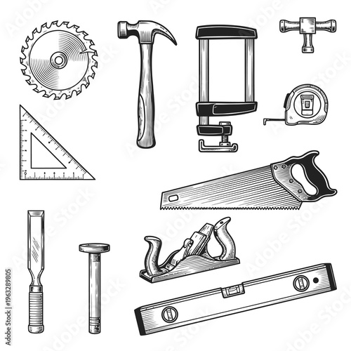 Vintage Woodworking and Carpentry Hand Tools Vector Set