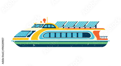A retro-styled illustration showcases a solar-powered ferry boat with multiple blue solar panels on its roof and blue windows.