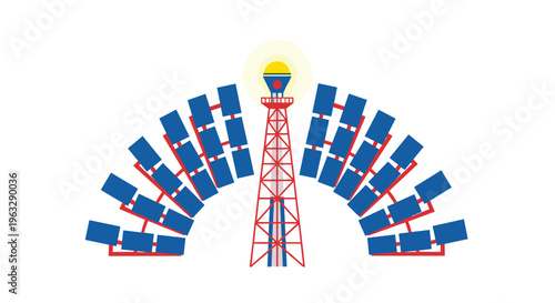 A red lattice solar power tower with a glowing top stands centrally, surrounded by two large semicircles of blue rectangular solar mirrors.