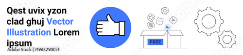 Digital services, free resources, business, innovation, feedback, technology tools. Thumbs up hand, free box with icons and gear mechanisms. Digital services and free resources