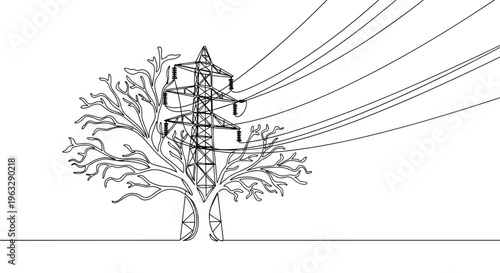 A minimalist continuous line drawing depicts a bare tree with its branches forming an electricity pylon, from which power lines extend into a white space.