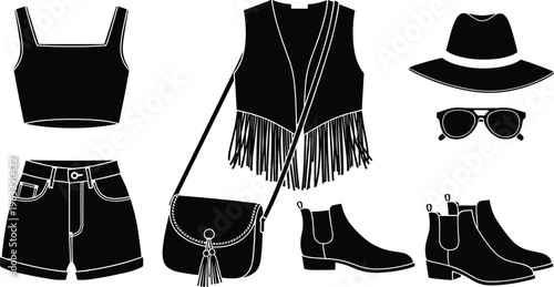 Bohemian fashion outfit illustration set featuring cropped tank top, high-waisted shorts, fringed vest, crossbody bag, wide-brim hat, sunglasses, and ankle boots.