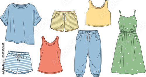 Casual summer clothing illustration set featuring t-shirt, striped shorts, crop top, polka dot dress, tank top, and jogger pants for fashion and lifestyle design.