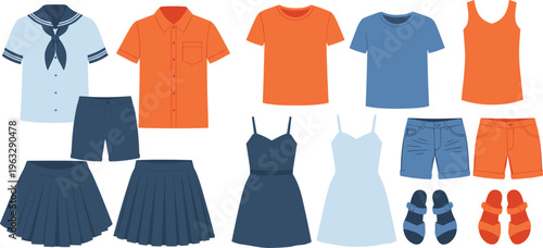 Casual clothing and outfit illustration set featuring sailor shirt, button-up, t-shirts, tank top, skirts, dresses, shorts, and sandals in blue and orange designs.