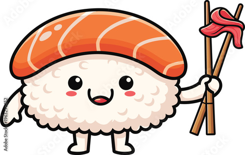 Playful sushi character cartoon illustration with smiling rice and salmon, holding chopsticks and sashimi for food, kawaii, and lifestyle artwork.