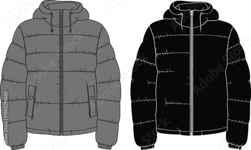 Black, outline, puffer, jacket, hooded, front, view, mockup, fashion, apparel, winter, zipper, padded, design, template, clothing, vector, illustration, outerwear