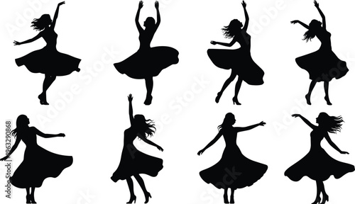 Dance silhouette illustration collection, figures in flowing dresses captured in dynamic poses with extended arms and legs, rhythm movement theme, vector art, black isolated bold design