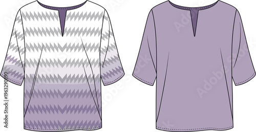 Patterned tunic top front and back view, casual women clothing vector illustration, modern fashion apparel design, stylish loose shirt isolated on white background