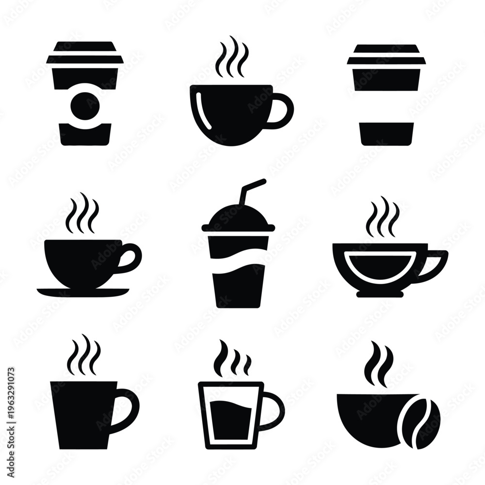 Obraz premium Collection of nine coffee silhouette with cups and steam vector 