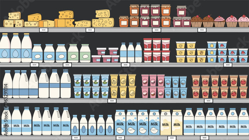 Supermarket refrigerator display case filled with a large variety of dairy products such as milk, cheese, and yogurt.