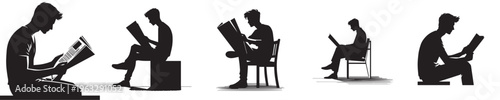 vector of young man reading newspaper in silhouette style