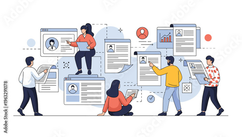 Group of professionals working together on a project involving various profiles, documents, and data in a creative office.