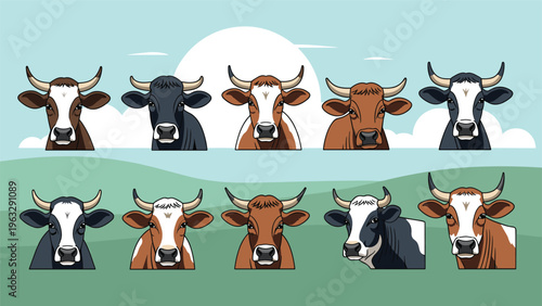 Set of ten pixel art cow heads with various colors and patterns standing on a green pasture under a clear blue sky with a large bright sun.