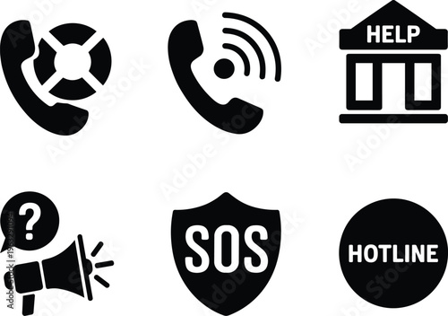 Emergency and customer support icon set featuring a hotline phone, SOS shield, help desk building, megaphone with question mark, and lifesaver call symbol for assistance.