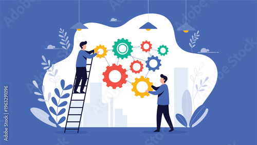 Conceptual flat illustration of two people arranging colorful cogs and gears on a wall to represent a business strategy.