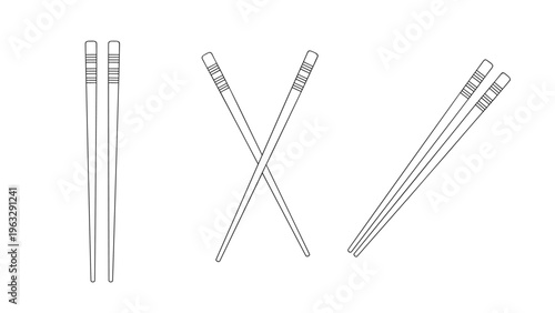Selection of simple black and white line art chopsticks arranged in various positions including parallel and crossed orientations on a white base.