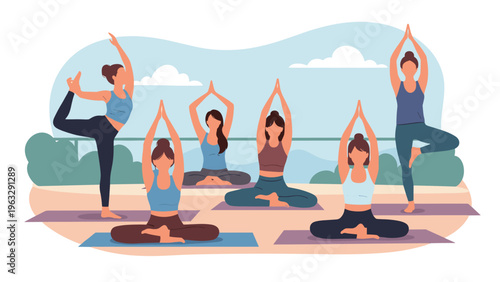 Group of six diverse women practicing various yoga poses such as the lotus position and tree pose together in a peaceful outdoor landscape setting.