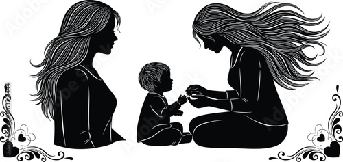 Mother and baby silhouette illustration, loving maternal bonding moment, parent child care concept, family affection artwork, elegant vector