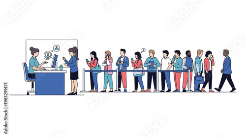 Long line of diverse people waiting patiently to talk to a female customer service representative sitting at a blue desk in an office environment.
