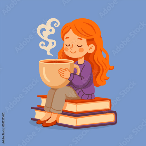 Cute a red-haired girl sitting on a stack of books with an oversized steaming cup of tea. A  colorful vector illustration for children’s books, educational materials, and cozy lifestyle content