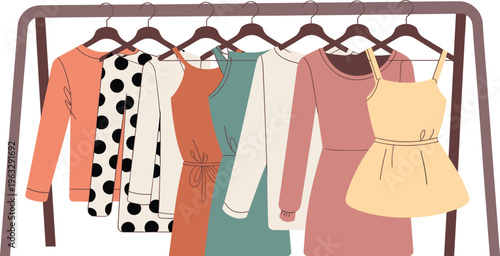 Stylish women clothing collection on rack, fashion dresses and outfits vector illustration, modern boutique apparel display, trendy garments isolated on white background