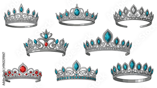 Collection of eight ornate silver and gold crowns and tiaras embellished with precious red and blue gemstones shown against a plain white surface.