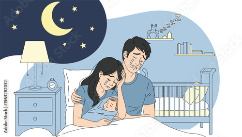 Exhausted parents sitting in bed and crying while holding their newborn baby during the night with a crescent moon and stars visible outside.