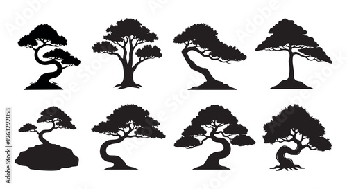 Collection of stylized black silhouettes depicting various bonsai tree shapes.