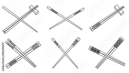 Selection of six pairs of wooden chopsticks with traditional patterns on the ends shown in various crossed and parallel arrangements on white.