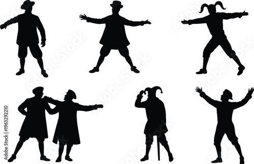 Set of medieval character silhouettes including jester king and royal peasants isolated on white background for theatrical performance fairy tale and historical design