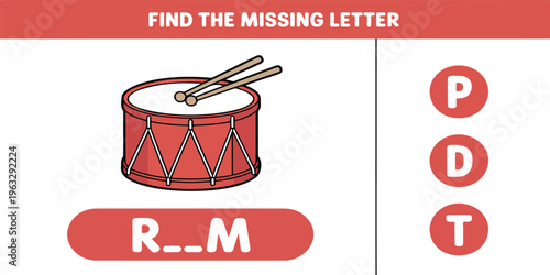 Find missing letter with cartoon drum. Spelling worksheet.