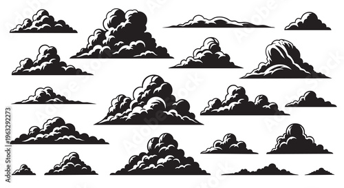 Collection of various silhouette cloud shapes against a white background.