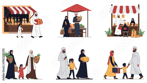 Various scenes of Arab families dressed in traditional clothing shopping for food and goods at an outdoor market with several different stalls.