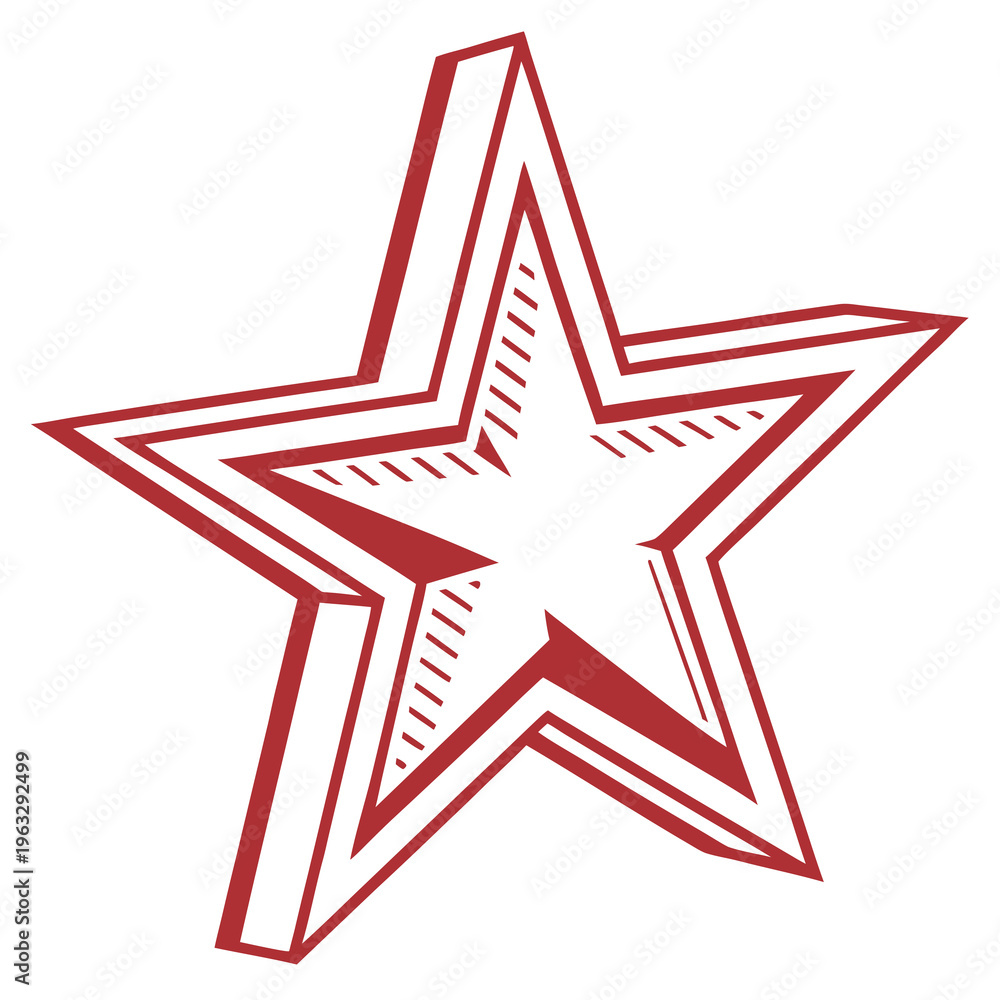 Fototapeta premium Three dimensional star outlined in red, rendered with a white fill and an outer shell, casting a shadow from the top left direction