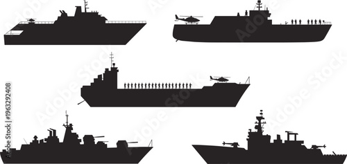 Set of military warship and cargo ship silhouettes isolated on white background for naval defense logistics transportation and maritime industry vector design